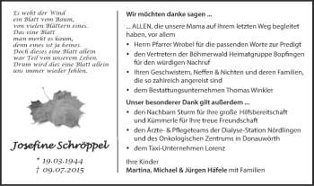 Traueranzeige von Josefine Schröppel von Schwäbische Post