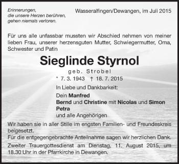Traueranzeige von Sieglinde Styrnol von Schwäbische Post
