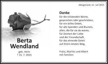 Traueranzeige von Berta Wendland von Schwäbische Post