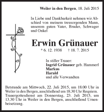 Traueranzeige von Erwin Grünauer von Gmünder Tagespost