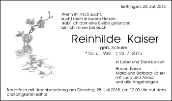 Traueranzeige von Reinhilde Kaiser von OstalbTrauer