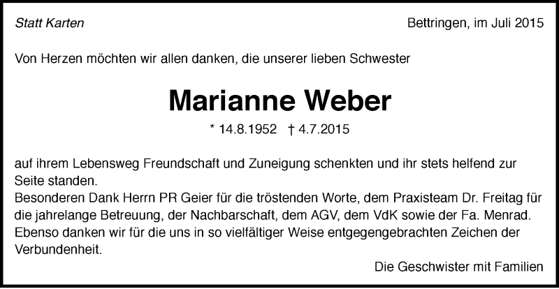  Traueranzeige für Marianne Weber vom 17.07.2015 aus Gmünder Tagespost