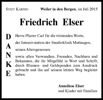 Traueranzeige von Friedrich Elser von Gmünder Tagespost