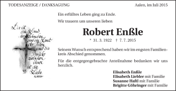 Traueranzeige von Robert Enßle von Schwäbische Post