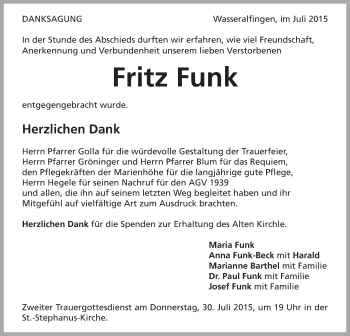Traueranzeige von Fritz Funk von Schwäbische Post