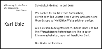 Traueranzeige von Karl Eble von Gmünder Tagespost