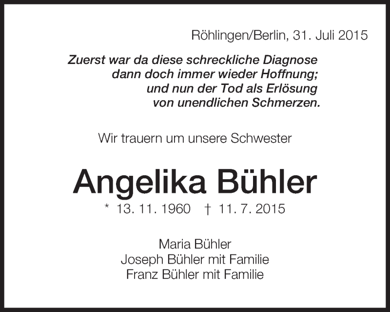  Traueranzeige für Angelika Bühler vom 31.07.2015 aus Schwäbische Post