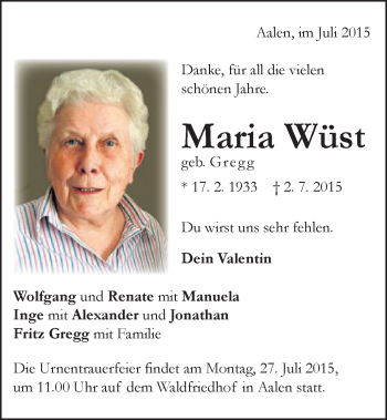 Traueranzeige von Maria Wüst von OstalbTrauer