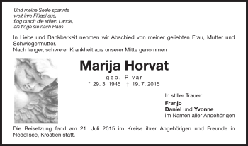 Traueranzeige von Marija Horvat von Schwäbische Post