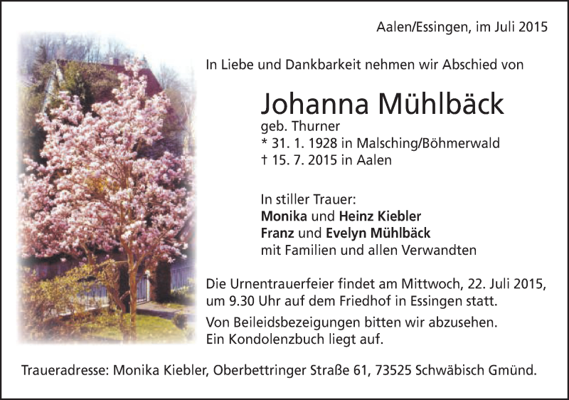  Traueranzeige für Johanna Mühlbäck vom 18.07.2015 aus Schwäbische Post
