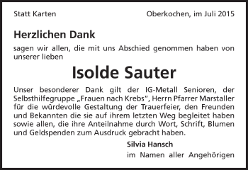 Traueranzeige von Isolde Sauter von Schwäbische Post