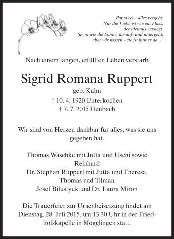 Traueranzeige von Sigrid Romana Ruppert von Gmünder Tagespost
