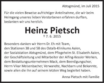 Traueranzeige von Heinz Pietsch von Schwäbische Post