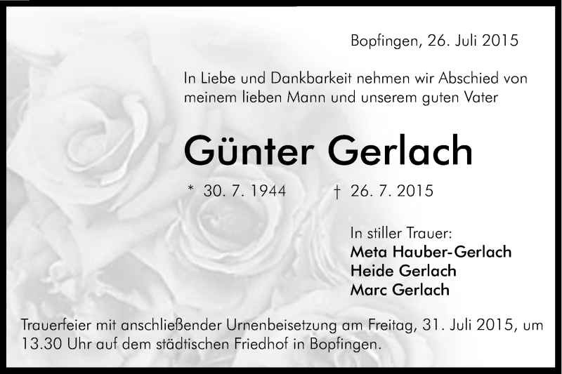  Traueranzeige für Günter Gerlach vom 29.07.2015 aus Schwäbische Post
