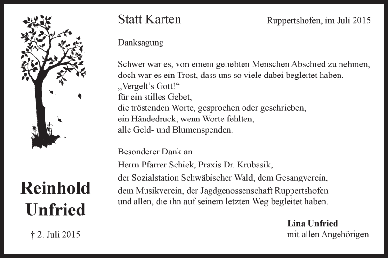 Traueranzeige für Reinhold Unfried vom 16.07.2015 aus Gmünder Tagespost