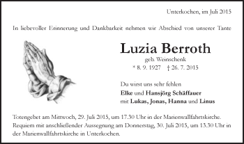 Traueranzeige von Luzia Berroth von Schwäbische Post
