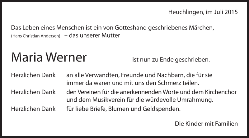  Traueranzeige für Maria Werner vom 18.07.2015 aus Gmünder Tagespost