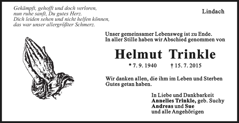 Traueranzeige für Helmut Trinkle vom 22.07.2015 aus Gmünder Tagespost