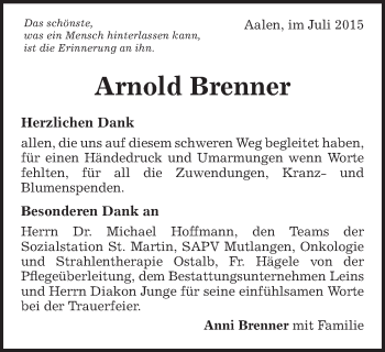 Traueranzeige von Arnold Brenner von Schwäbische Post