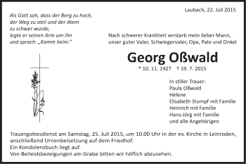 Traueranzeige von Georg Oßwald von Schwäbische Post