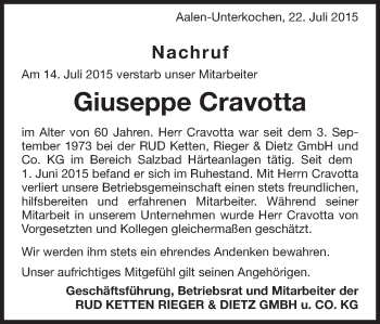 Traueranzeige von Giuseppe Cravotta von Schwäbische Post