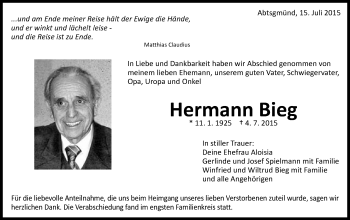 Traueranzeige von Hermann Bieg von Schwäbische Post