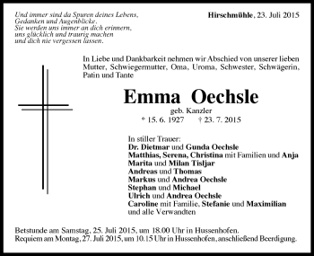 Traueranzeige von Emma Oechsle von Gmünder Tagespost