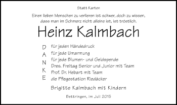 Traueranzeige von Heinz Kalmbach von Gmünder Tagespost