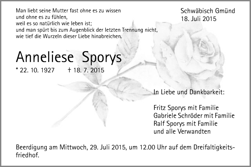  Traueranzeige für Anneliese Sporys vom 24.07.2015 aus OstalbTrauer
