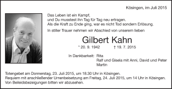 Traueranzeige von Gilbert Kahn von Schwäbische Post