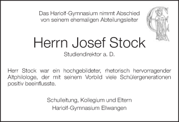 Traueranzeige von Josef Stock von Schwäbische Post