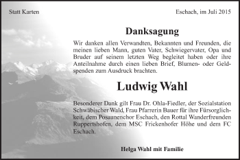 Traueranzeige von Ludwig Wahl von Gmünder Tagespost