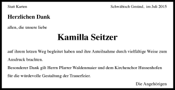 Traueranzeige von Kamilla Seitzer von Gmünder Tagespost