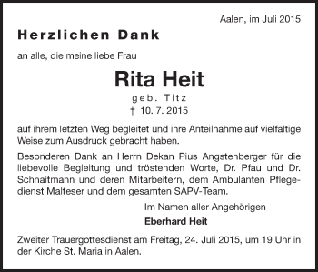 Traueranzeige von Rita Heit von Schwäbische Post