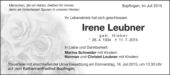 Traueranzeige von Irene Leubner von Schwäbische Post