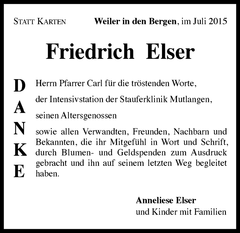  Traueranzeige für Friedrich Elser vom 23.07.2015 aus Gmünder Tagespost