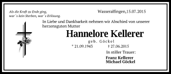 Traueranzeige von Hannelore Kellerer von Schwäbische Post