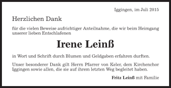 Traueranzeige von Irene Leinß von Gmünder Tagespost
