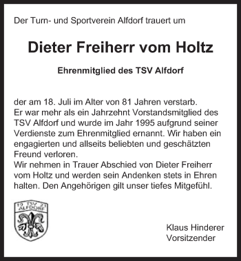 Traueranzeige von Dieter Freiherr vom Holtz von Gmünder Tagespost