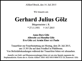 Traueranzeige von Gerhard Julius Gölz von Gmünder Tagespost