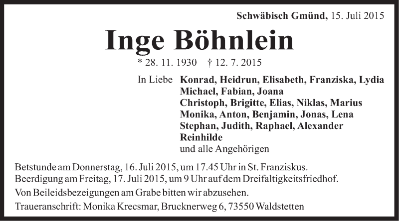  Traueranzeige für Inge Böhnlein vom 15.07.2015 aus Gmünder Tagespost