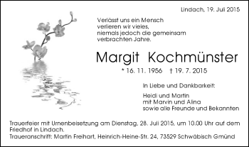 Traueranzeige von Margit Kochmünster von Gmünder Tagespost