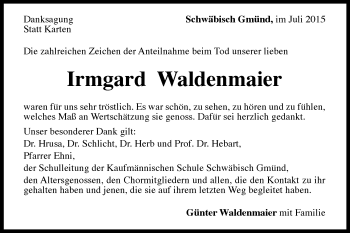 Traueranzeige von Irmgard Waldenmaier von Gmünder Tagespost