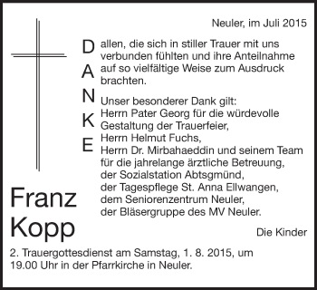 Traueranzeige von Franz Kopp von Schwäbische Post