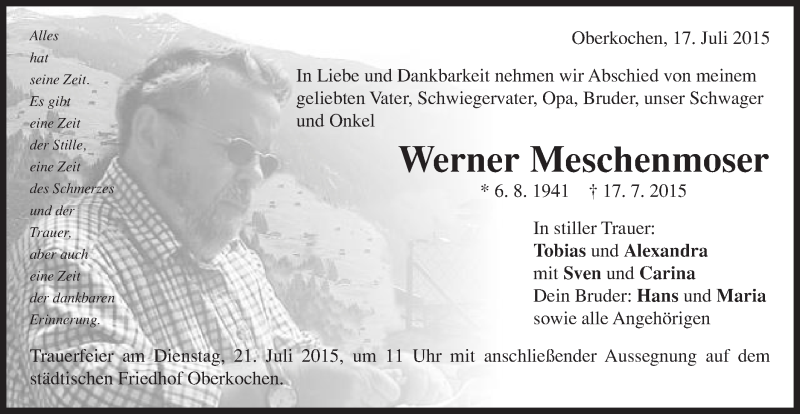  Traueranzeige für Werner Meschenmoser vom 20.07.2015 aus Schwäbische Post