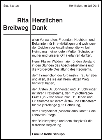 Traueranzeige von Rita Breitweg von Gmünder Tagespost