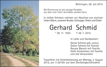 Traueranzeige von Gerhard Schmid von Gmünder Tagespost