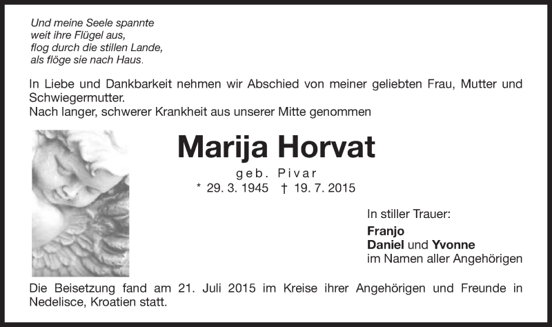  Traueranzeige für Marija Horvat vom 28.07.2015 aus Schwäbische Post