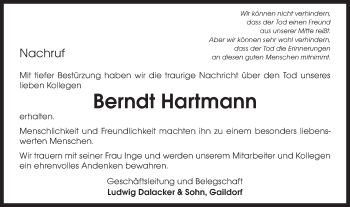 Traueranzeige von Berndt Hartmann von Gmünder Tagespost