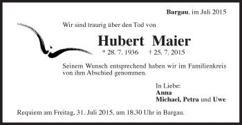 Traueranzeige von Hubert Maier von Gmünder Tagespost